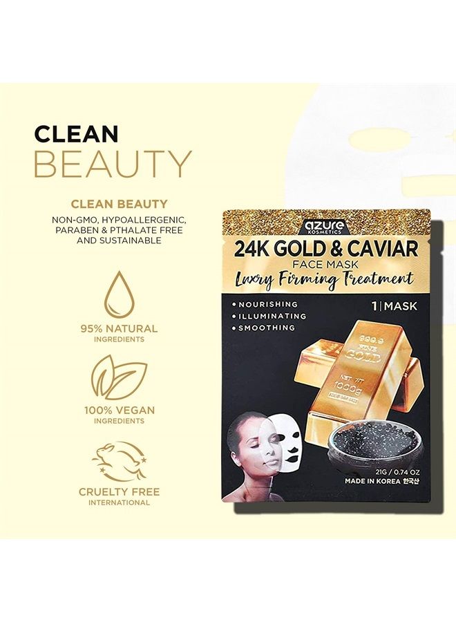 Azure Cosmetics AZURE 24K Gold and Caviar Anti Aging Luxury Face Mask - Hydrating & Firming Facial Mask - Helps Reduce Wrinkles & Fine Lines - With Hyaluronic Acid & Collagen - Skin Care Made in Korea - 5 Pack