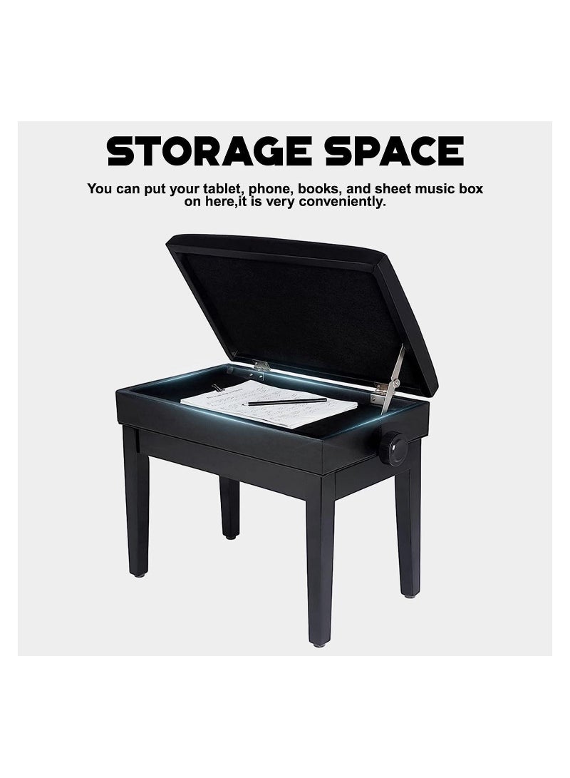 Piano Stool Black PU Leather Button,Height Adjustable Piano Bench,Piano Bench with Storage Compartment,Retro Solid Wood Stool Ergonomic Keyboard Stool