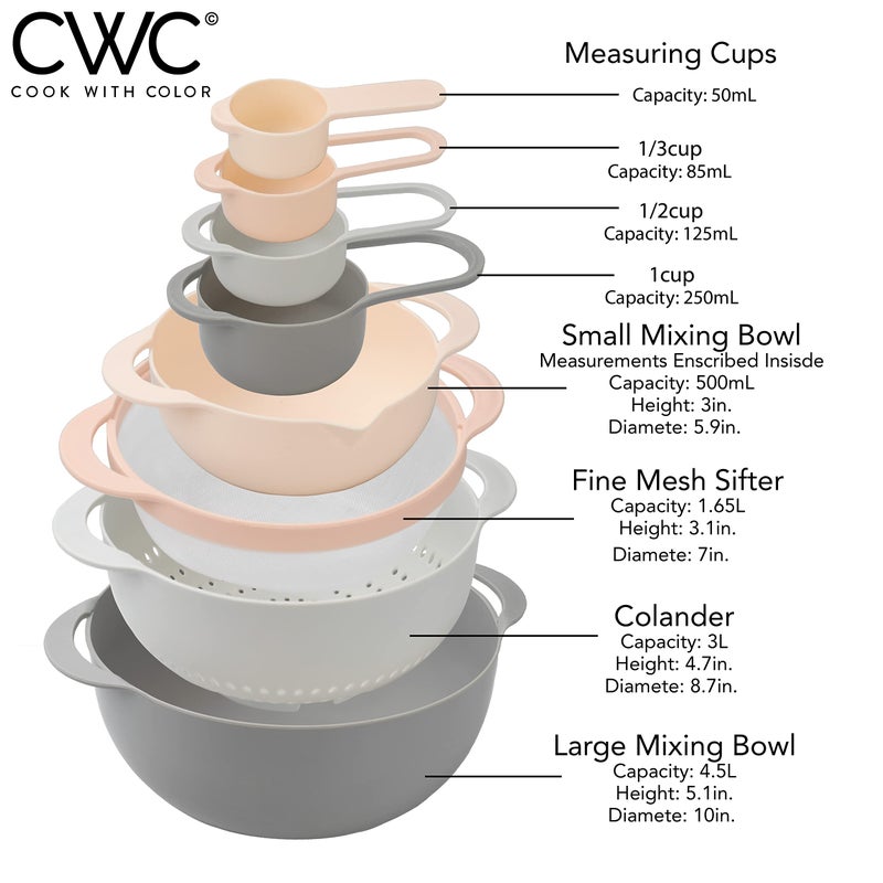 COOK WITH COLOR Nesting Bowls with Measuring Cups Colander and Sifter Set - Includes Mixing Bowls, Colander, Sifter and Measuring Cups, Pink, 8 Pc Bowl - Image 2