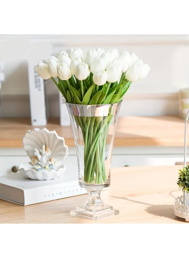 10pcs Realistic White Artificial Tulip Bouquet - Lifelike Plastic Flowers for Home Decor, Bedroom, Living Room, Easter & St. Patrick's Day Table Centerpiece, Decorative Flowers | Simple Elegance | Vibrant Green Leaves, Flower Decorations - Image 3