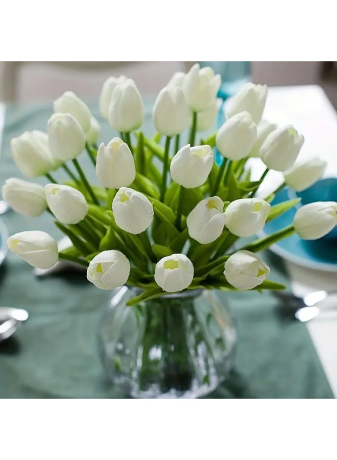 10pcs Realistic White Artificial Tulip Bouquet - Lifelike Plastic Flowers for Home Decor, Bedroom, Living Room, Easter & St. Patrick's Day Table Centerpiece, Decorative Flowers | Simple Elegance | Vibrant Green Leaves, Flower Decorations - Image 5
