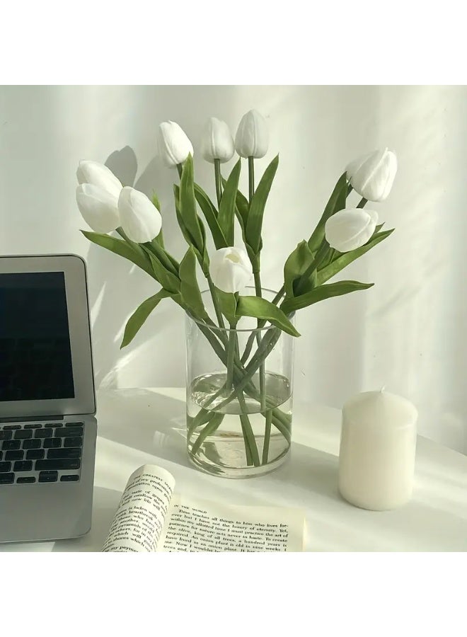 10pcs Realistic White Artificial Tulip Bouquet - Lifelike Plastic Flowers for Home Decor, Bedroom, Living Room, Easter & St. Patrick's Day Table Centerpiece, Decorative Flowers | Simple Elegance | Vibrant Green Leaves, Flower Decorations - Image 4