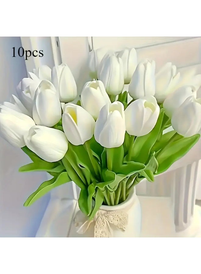 10pcs Realistic White Artificial Tulip Bouquet - Lifelike Plastic Flowers for Home Decor, Bedroom, Living Room, Easter & St. Patrick's Day Table Centerpiece, Decorative Flowers | Simple Elegance | Vibrant Green Leaves, Flower Decorations - Image 1