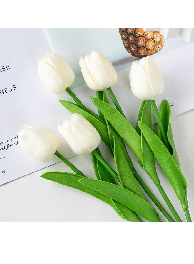 10pcs Realistic White Artificial Tulip Bouquet - Lifelike Plastic Flowers for Home Decor, Bedroom, Living Room, Easter & St. Patrick's Day Table Centerpiece, Decorative Flowers | Simple Elegance | Vibrant Green Leaves, Flower Decorations - Image 2