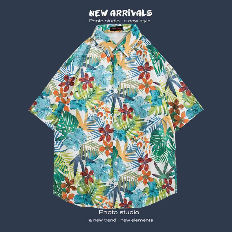 Hong Kong Style Short-Sleeved Shirt For Men And Women, Summer Loose And Thin Hawaiian Beach Floral Three-Quarter Sleeve Floral Shirt - Image 1