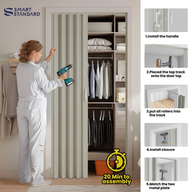 SmartStandard 32" x 80" Accordion Doors Interior, Double Walled Accordion Folding Doors for Closet, PVC Accordian Door for Doorway Bathroom Basement, Easy to Assemble, White Ash - Image 5