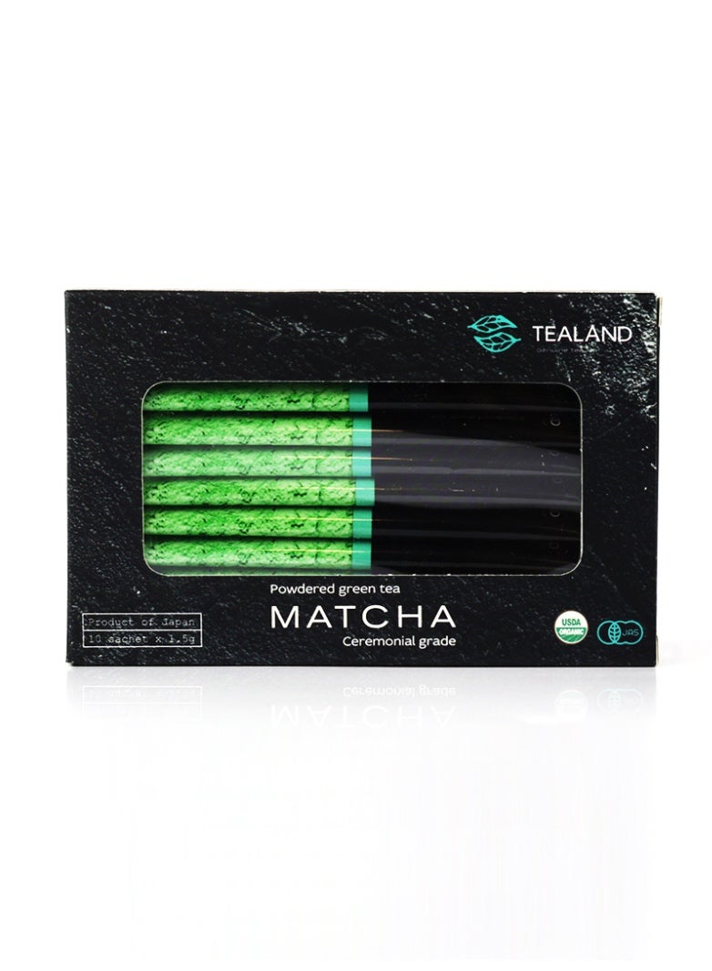 تيلاند مسحوق شاي ماتشا الأخضر الفاخر العضوي من تيلاند، أصلي 100%، من أصل ياباني، درجة احتفالية فائقة، مطحون تقليديًا بالحجر، معتمد من وزارة الزراعة الأمريكية، غذاء خارق في 10 أكياس خاصة من رقائق الألومنيوم، 15 جم - Image 1