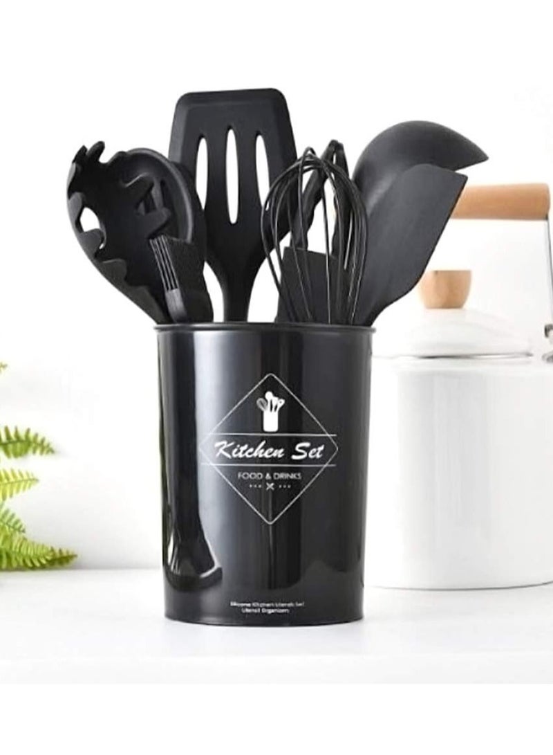 11 Pcs Silicone Kitchen Utensils Set Heat Resistant Cooking Tools for Non Stick Cookware Easy to Clean Kitchen Baking Kit with Holder, Black  - Image 1