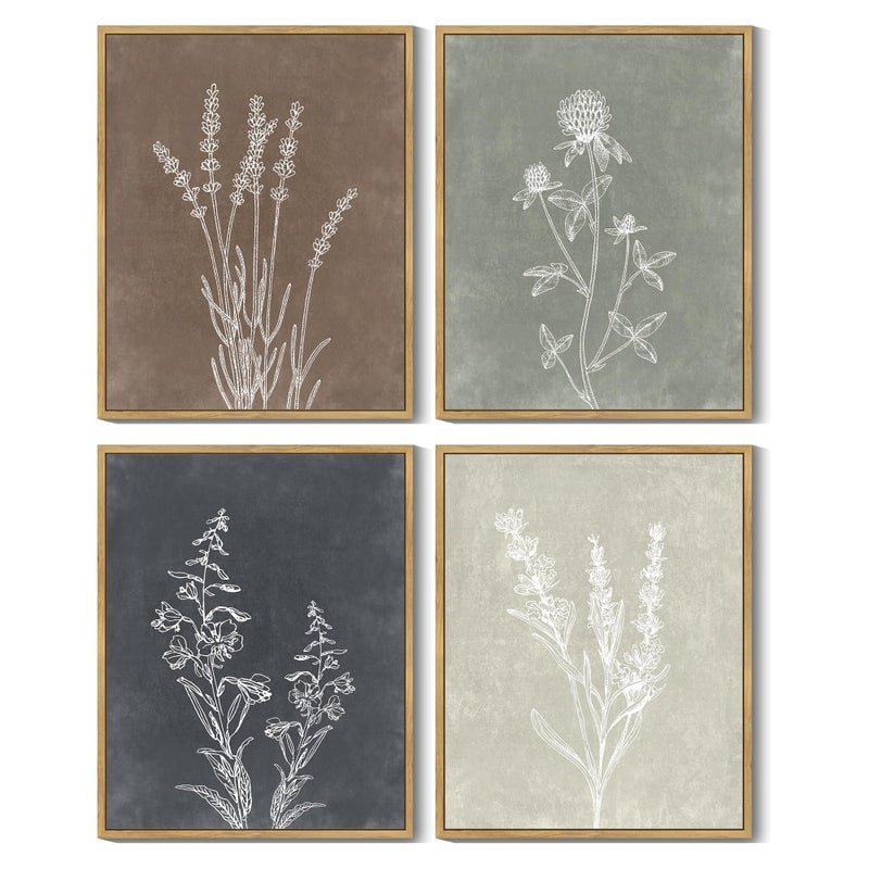 Drsoum Vintage Botanical Boho Framed Wall Art Wooded Antique Flower Bouquet Prints Farmhouse Retro Plants Rustic Bathroom Kitchen Home Decor Ready to Hang 8x10inx4pcs (Natural Framed) - Image 1
