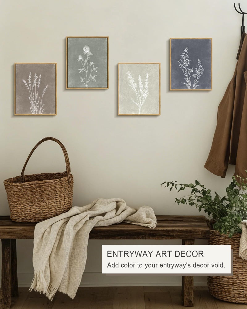 Drsoum Vintage Botanical Boho Framed Wall Art Wooded Antique Flower Bouquet Prints Farmhouse Retro Plants Rustic Bathroom Kitchen Home Decor Ready to Hang 8x10inx4pcs (Natural Framed) - Image 2
