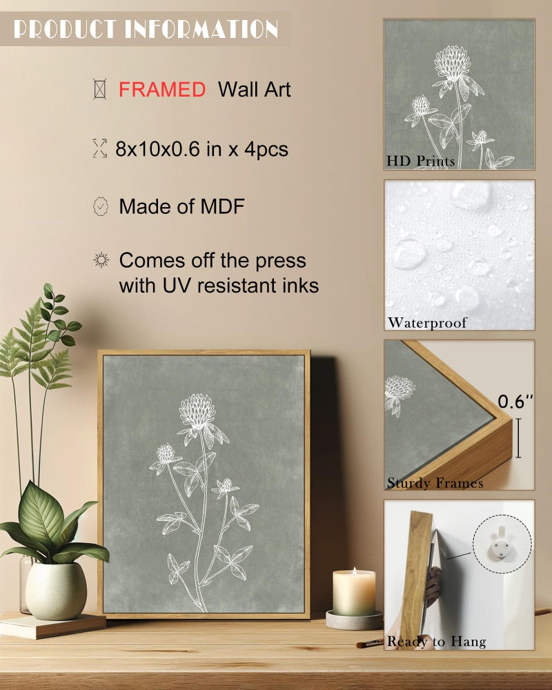 Drsoum Vintage Botanical Boho Framed Wall Art Wooded Antique Flower Bouquet Prints Farmhouse Retro Plants Rustic Bathroom Kitchen Home Decor Ready to Hang 8x10inx4pcs (Natural Framed) - Image 3