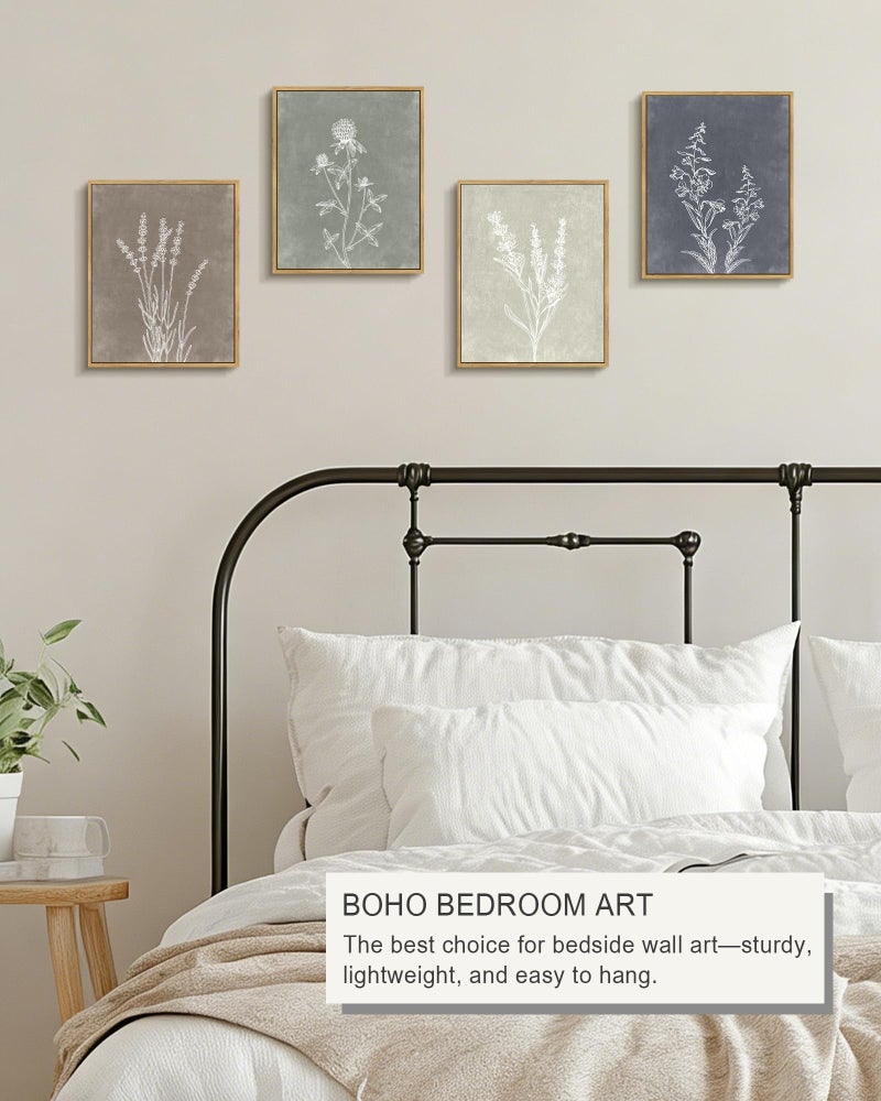 Drsoum Vintage Botanical Boho Framed Wall Art Wooded Antique Flower Bouquet Prints Farmhouse Retro Plants Rustic Bathroom Kitchen Home Decor Ready to Hang 8x10inx4pcs (Natural Framed) - Image 5