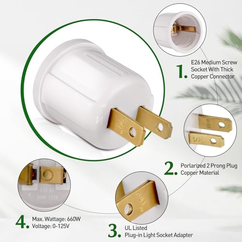 EMNOOTI Outlet to Socket Adapter, Plug-in Light Socket, Convert Outlet to Light Bulb Socket, Polarized 2-Prong Outlet to E26 E27 Screw Base Bulb Socket, 660 Watt, 125 Volt, UL Listed (4-Pack) - Image 5