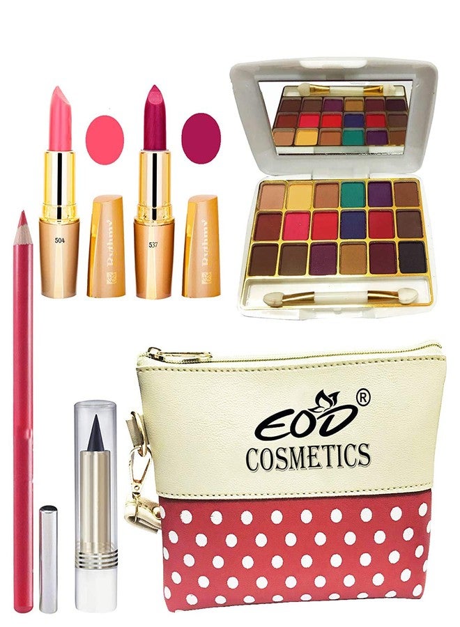 Eod True Color Stylish Perfect Beauty Combo (2 Creamy Matte Lipstick,18 Colors Eyeshadow,1 Lip Pencil,1 Kajal with multi-purpose MakeUp Pouch) A68 Set of 6 - Image 1