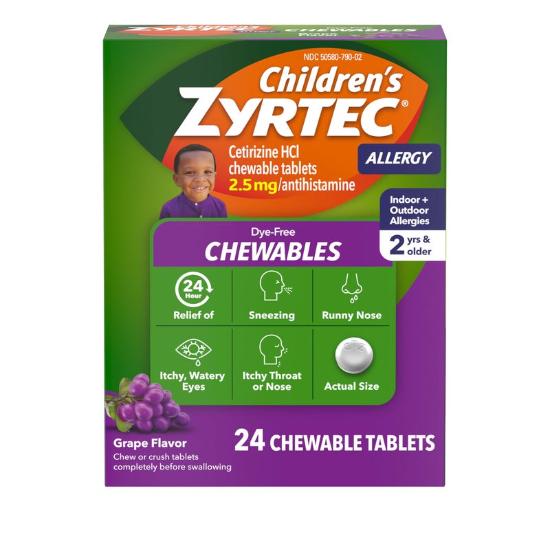 Zyrtec Children's Dye-Free Chewables for 24 Hour Allergy Relief, 2.5 mg Cetirizine Hydrochloride Antihistamine Tablets, Kids Allergy Medicine Relieves Sneezing & Itchy Throat, Grape, 24 ct - Image 1