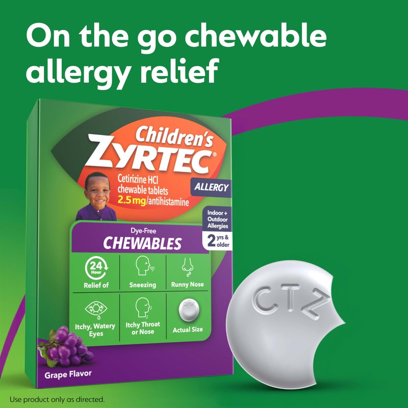 Zyrtec Children's Dye-Free Chewables for 24 Hour Allergy Relief, 2.5 mg Cetirizine Hydrochloride Antihistamine Tablets, Kids Allergy Medicine Relieves Sneezing & Itchy Throat, Grape, 24 ct - Image 5