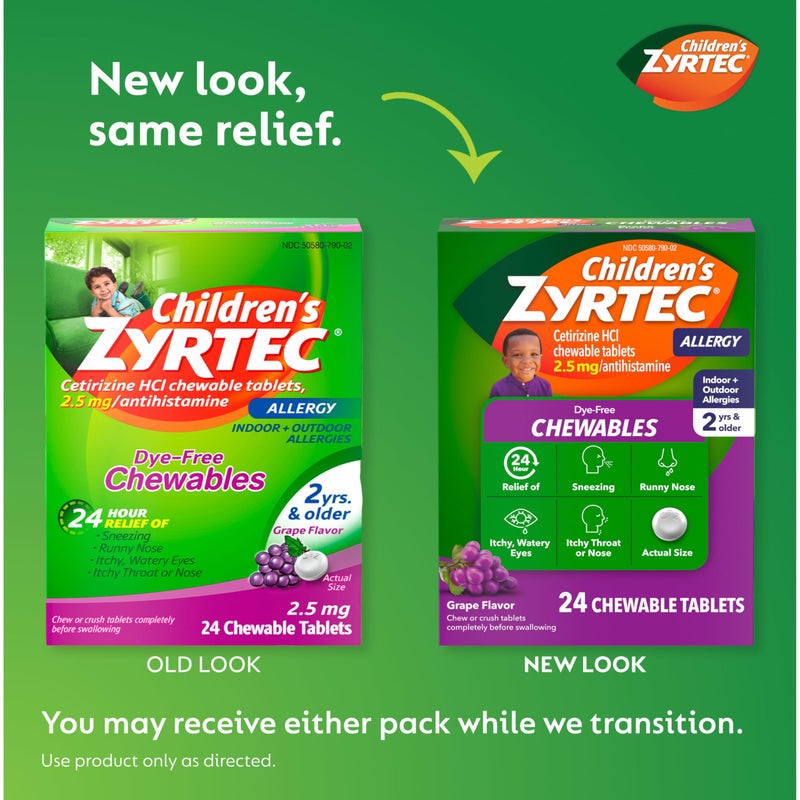 Zyrtec Children's Dye-Free Chewables for 24 Hour Allergy Relief, 2.5 mg Cetirizine Hydrochloride Antihistamine Tablets, Kids Allergy Medicine Relieves Sneezing & Itchy Throat, Grape, 24 ct - Image 2