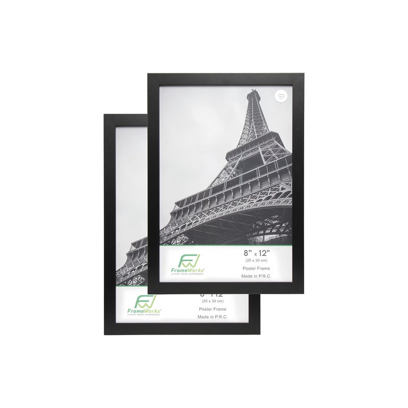 FrameWorks 8x12 Wooden Poster Frame Classic Black Matte Edged Frames wShatterproof Acrylic Glass Photos Posters Prints Wall Decor  Home Office Gallery Display  Black  2 Pack