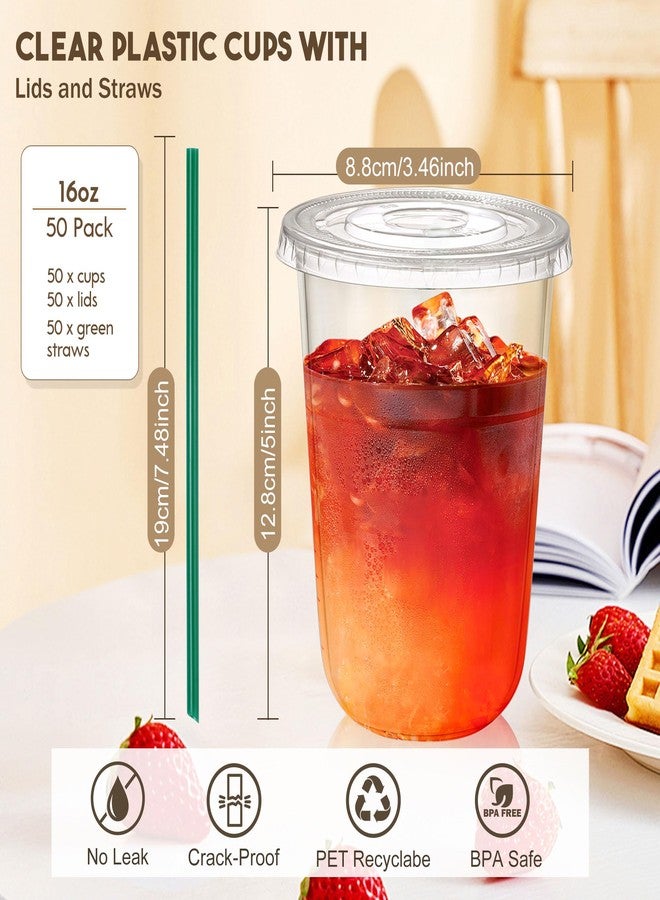 KesaPlan 50 Sets 16 oz Plastic Cups with Lids and Straws, Clear Disposable Iced Coffee Cups for Cold Drinks Juice Milkshakes Smoothies, Plastic To Go Drinking Cup for Party Coffee Bars Picnic - Image 2