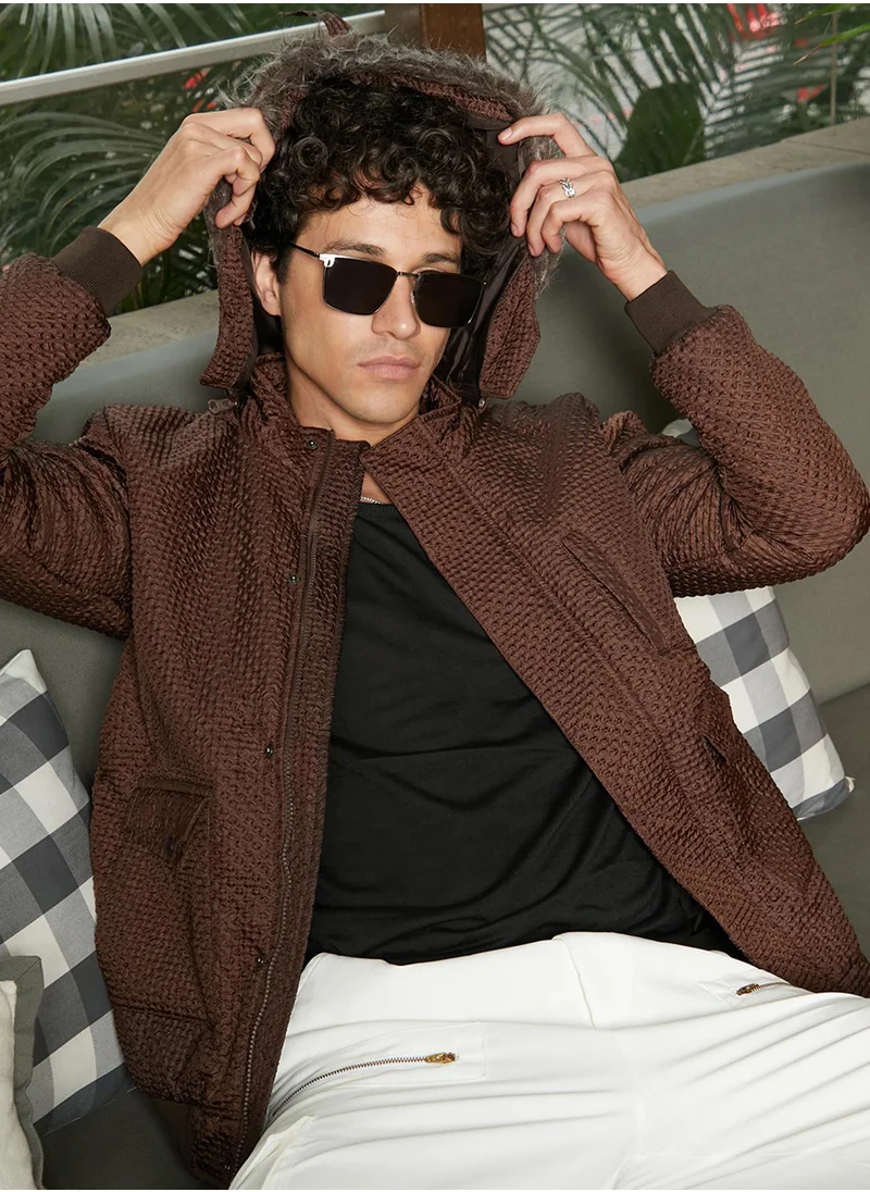 Campus Sutra Men's Chocolate Brown Self-Design Diamond Puffer Jacket With Fleece Hood