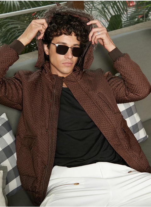 Men's Chocolate Brown Self-Design Diamond Puffer Jacket With Fleece Hood