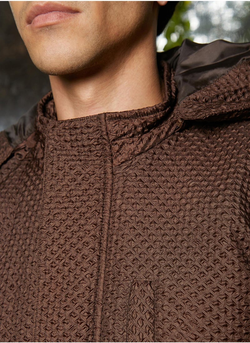 Campus Sutra - Men's Chocolate Brown Self-Design Diamond Puffer Jacket With Fleece Hood - Image 1