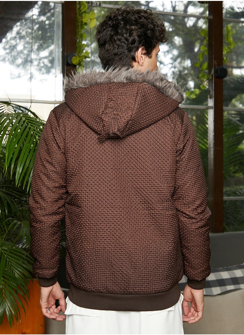 Campus Sutra - Men's Chocolate Brown Self-Design Diamond Puffer Jacket With Fleece Hood - Image 1
