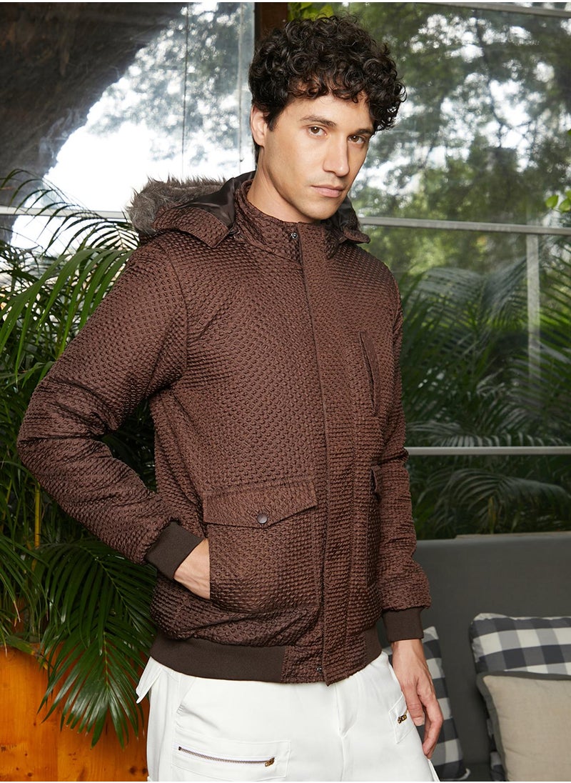 Campus Sutra - Men's Chocolate Brown Self-Design Diamond Puffer Jacket With Fleece Hood - Image 1