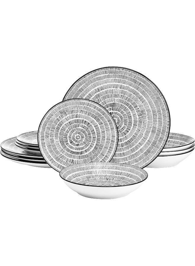 Pfaltzgraff Sketch Serenade Geometric 12 Piece Plates Bowls Dinnerware Set Black and White - Image 1
