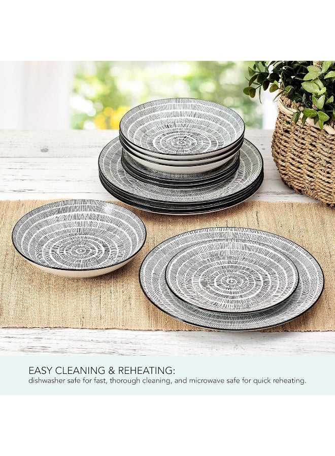 Pfaltzgraff Sketch Serenade Geometric 12 Piece Plates Bowls Dinnerware Set Black and White - Image 4