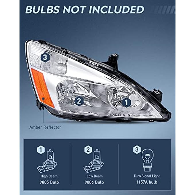 Nilight Headlight Assembly For 2003 2004 2005 2006 2007 Accord Replacement Headlamp Chrome Housing Amber Reflector 2 Years Warranty - Image 3