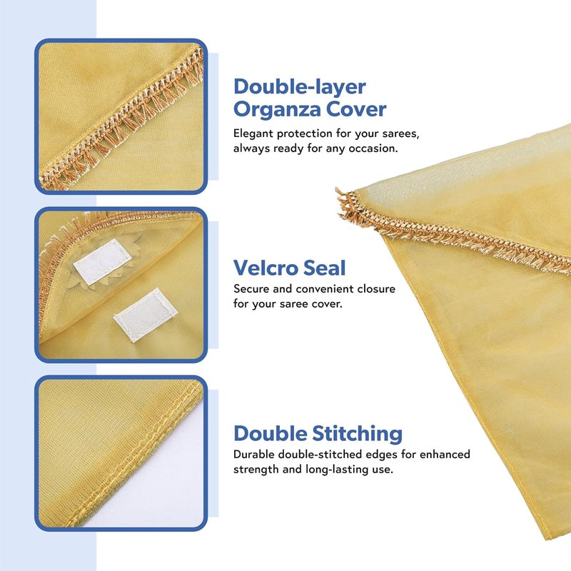 Kuber Industries 12 Pcs Double Layer Organza Saree Covers for Gifting with Flower Flap Closure | Wedding Saree Cover | Single Saree/Suit Packing Shagun Cloth Cover | Golden Lace - Gold - Image 4