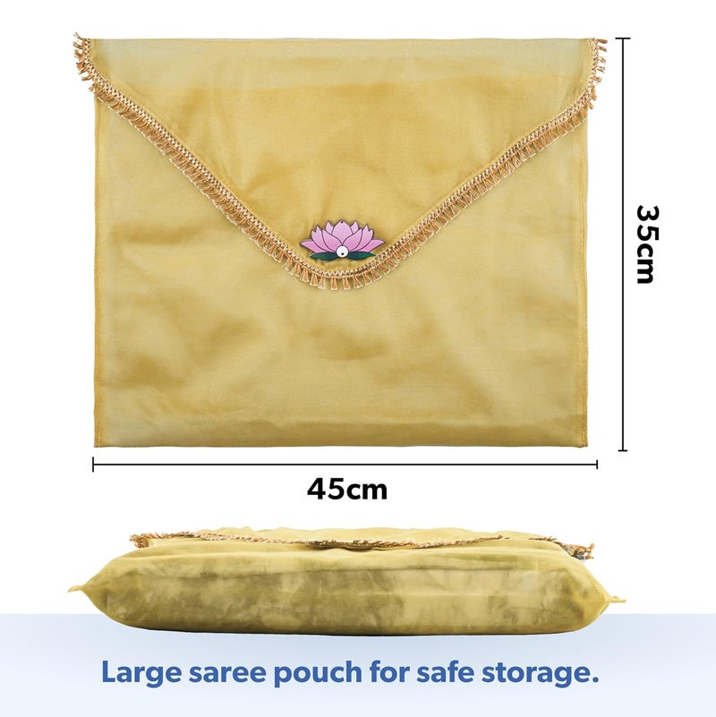 Kuber Industries 12 Pcs Double Layer Organza Saree Covers for Gifting with Flower Flap Closure | Wedding Saree Cover | Single Saree/Suit Packing Shagun Cloth Cover | Golden Lace - Gold - Image 3