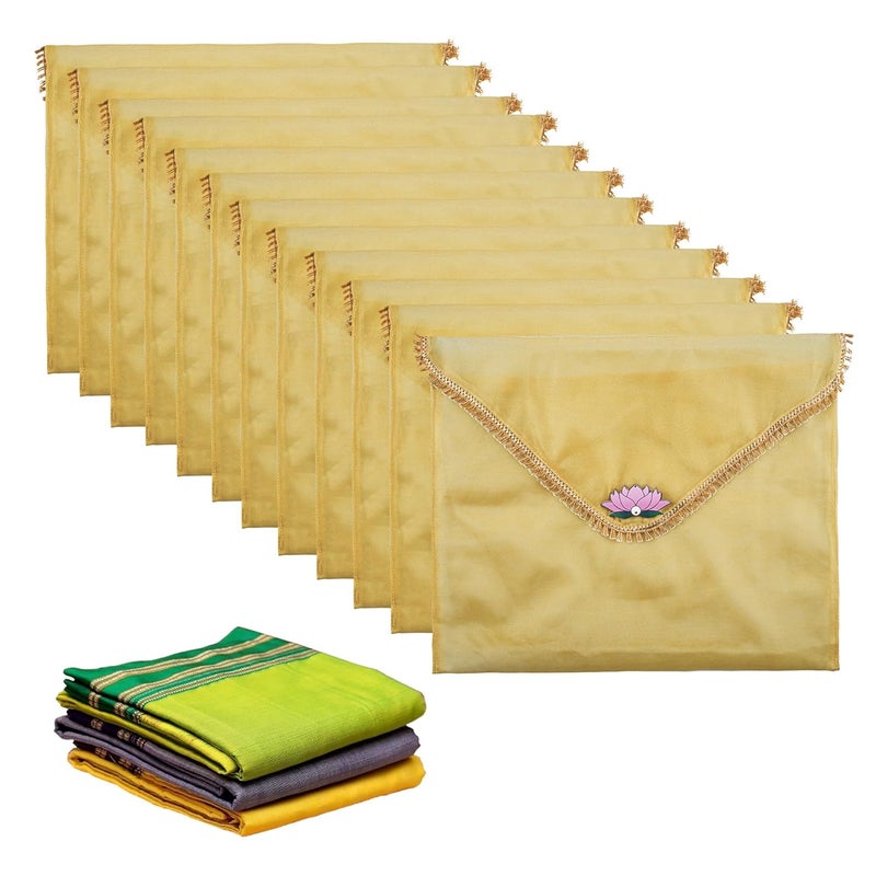 Kuber Industries 12 Pcs Double Layer Organza Saree Covers for Gifting with Flower Flap Closure | Wedding Saree Cover | Single Saree/Suit Packing Shagun Cloth Cover | Golden Lace - Gold - Image 1