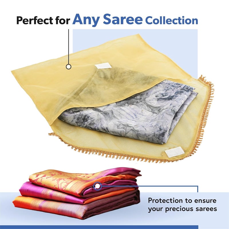 Kuber Industries 12 Pcs Double Layer Organza Saree Covers for Gifting with Flower Flap Closure | Wedding Saree Cover | Single Saree/Suit Packing Shagun Cloth Cover | Golden Lace - Gold - Image 5