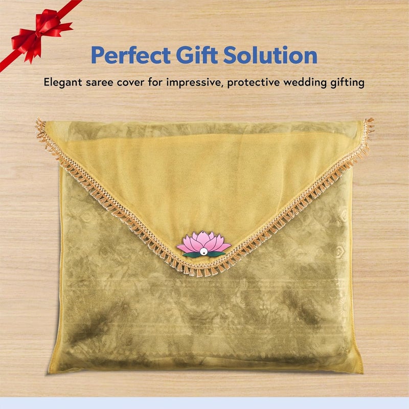 Kuber Industries 12 Pcs Double Layer Organza Saree Covers for Gifting with Flower Flap Closure | Wedding Saree Cover | Single Saree/Suit Packing Shagun Cloth Cover | Golden Lace - Gold - Image 2