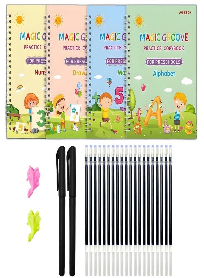 Hocimit Magic Groove Practice Copybook Set for Preschoolers, Ages 3+, 4 Books, 10Refills, 1 Pens, 1Pencil Grips, Numbers and Alphabet Learning - Image 1
