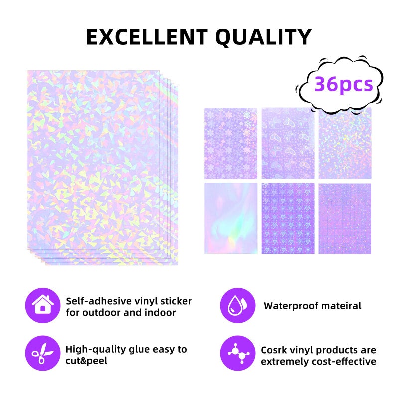 Cosrk 36 Sheets Holographic Sticker Paper, Clear Vinyl Sticker Laminate Film Self-Adhesive, Transparent Overlay Lamination Sticker Paper Waterproof, 6 Patterns-8.5x11 Inch - Image 2