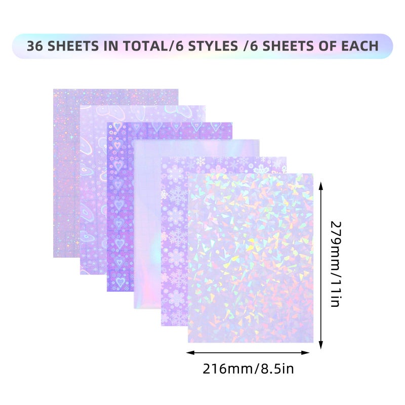 Cosrk 36 Sheets Holographic Sticker Paper, Clear Vinyl Sticker Laminate Film Self-Adhesive, Transparent Overlay Lamination Sticker Paper Waterproof, 6 Patterns-8.5x11 Inch - Image 4