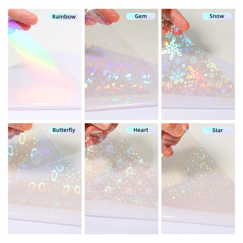 Cosrk 36 Sheets Holographic Sticker Paper, Clear Vinyl Sticker Laminate Film Self-Adhesive, Transparent Overlay Lamination Sticker Paper Waterproof, 6 Patterns-8.5x11 Inch - Image 3