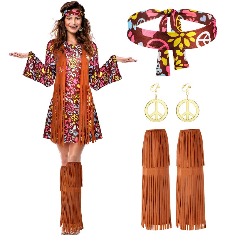 SATINIOR 70s 60s Hippie Costume Set 70s Outfits Accessories Women Disco Dress for Halloween (Adult Size (x-large)) - Image 1