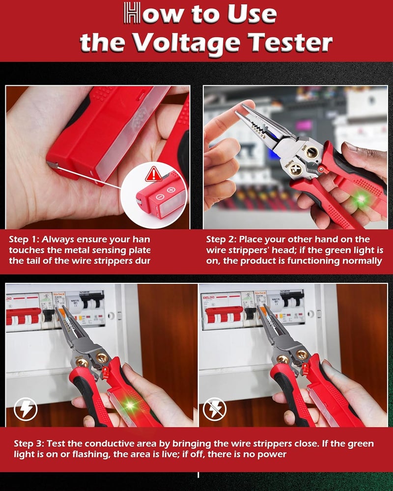 FAITIO 8 In 1 Wire Strippers with Voltage Tester, Cable Strippers/Cutters with Plier, Crimper, Splitting, Wire Stripper Tools for 10-18 AWG for Electrician Work Wire Stripping Tool RED - Image 2