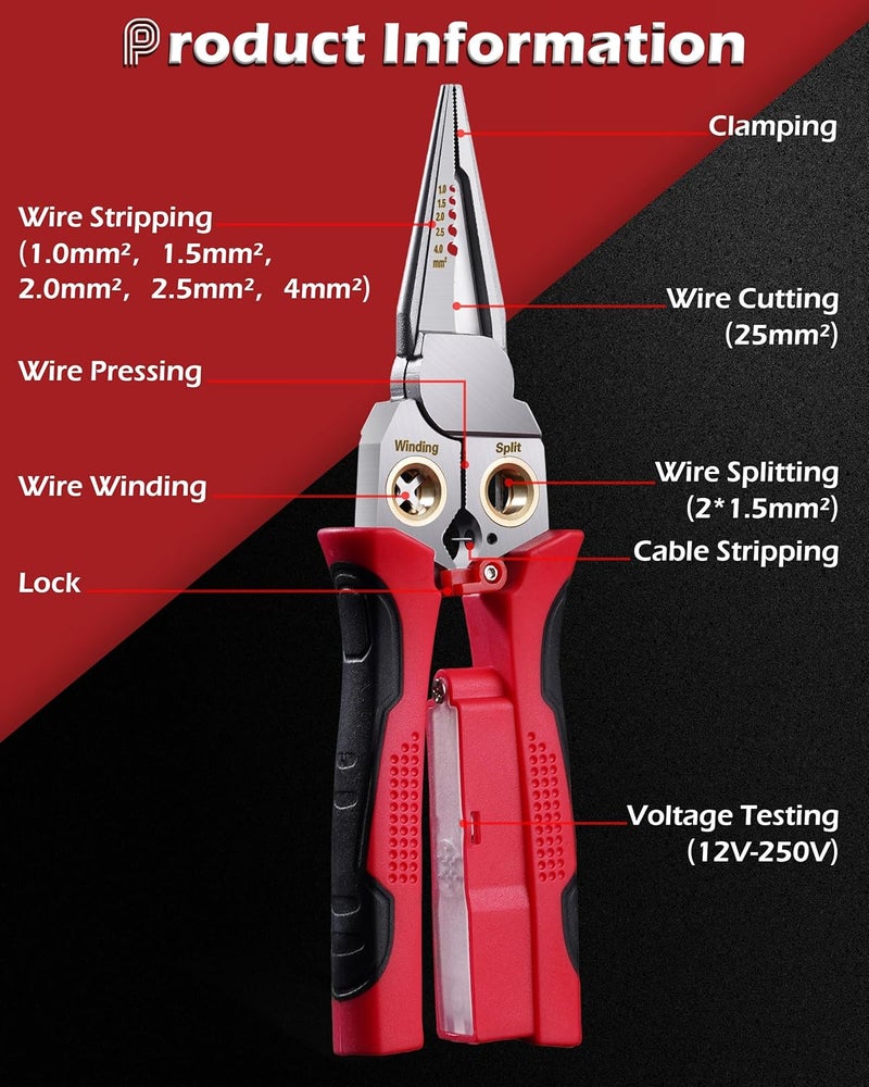 FAITIO 8 In 1 Wire Strippers with Voltage Tester, Cable Strippers/Cutters with Plier, Crimper, Splitting, Wire Stripper Tools for 10-18 AWG for Electrician Work Wire Stripping Tool RED - Image 4