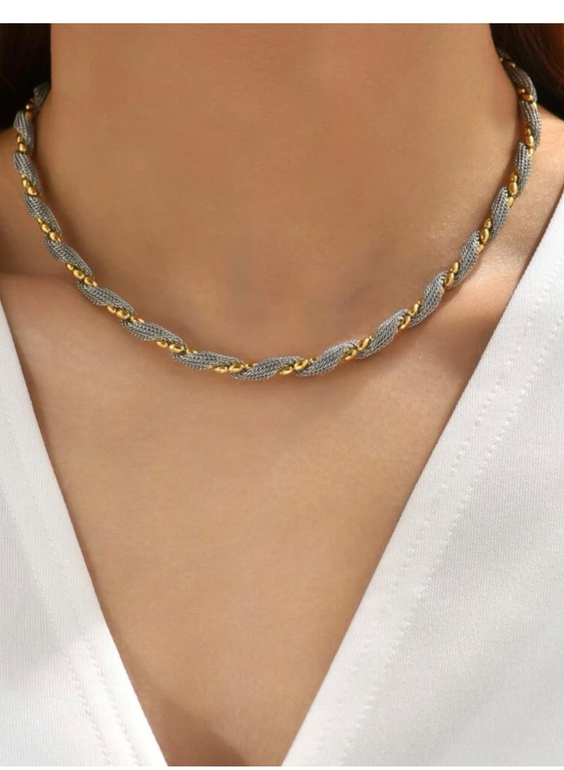 نيو ستايل سلسال شوكر نسائي أنيق من الاستانلس ستيل باللونين الفضي والذهبي - Image 1