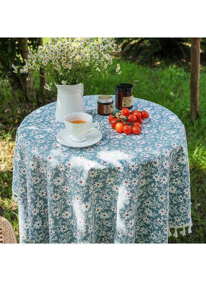 Bluejw Fresh Style Pastoral Style Tablecloth Tassel Table Mat Coffee Table Cover Cloth Blue Floral Background Cloth Daisy French Tablecloth - Image 3