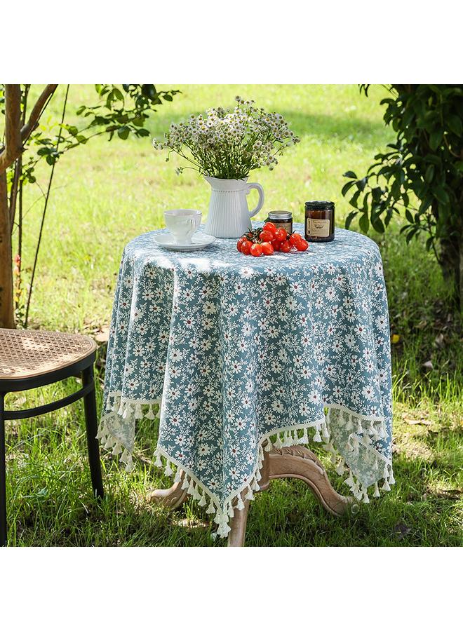Bluejw Fresh Style Pastoral Style Tablecloth Tassel Table Mat Coffee Table Cover Cloth Blue Floral Background Cloth Daisy French Tablecloth - Image 2