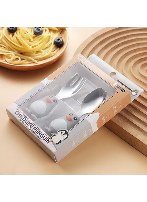 Silicone Kids Plate Cartoon Penguin Suction Divided Dish Set with Utensils Fork spoon color box packaging
