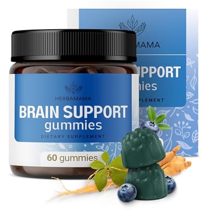 HERBAMAMA Brain Support Gummies – Brain Focus Supplements for Adults with Ashwagandha, Bacopa Monnieri, Vitamin C & B12 – Vegan, Non-GMO Calming Gummies – 60 Pectin-Based Blueberry-Flavored Chews - Image 1