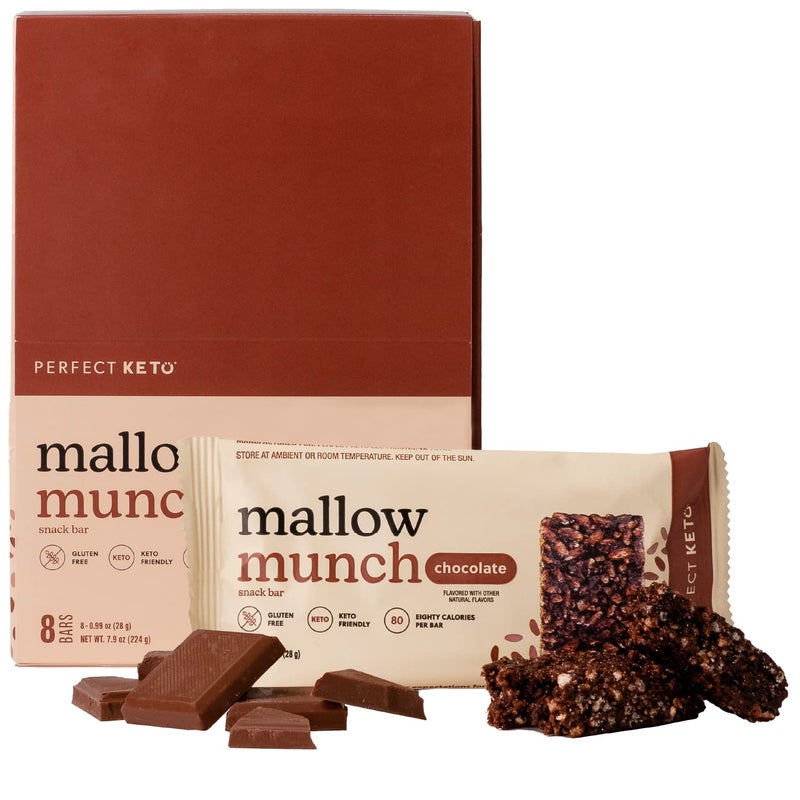 Perfect Keto Mallow Munch, Gluten Free, Cereal Bars, Breakfast Bar, Rice-Free, Low Sugar, Low Carb, Crispy, High Protein Snack, Healthy Snacks, 8g Protein, 2g Net Carbs, Chocolate, 8 Pack - Image 1