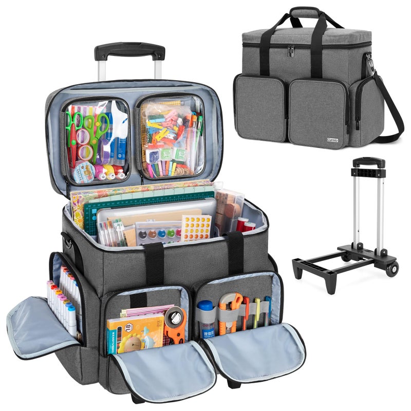 CURMIO Rolling Scrapbook Tote on Wheels Scrapbook Storage Bag with Detachable Trolley and Bottom Wooden Board Rolling Craft Bag for Scrapbooking Supplies Gray